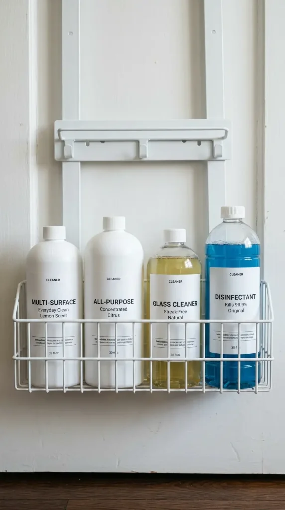 13 Cleaning Closet Organization Door-Mounted Caddy System 8 8. Dedicate the Bottom Door Zone to a Caddy Tray for Cleaning Product Bottles