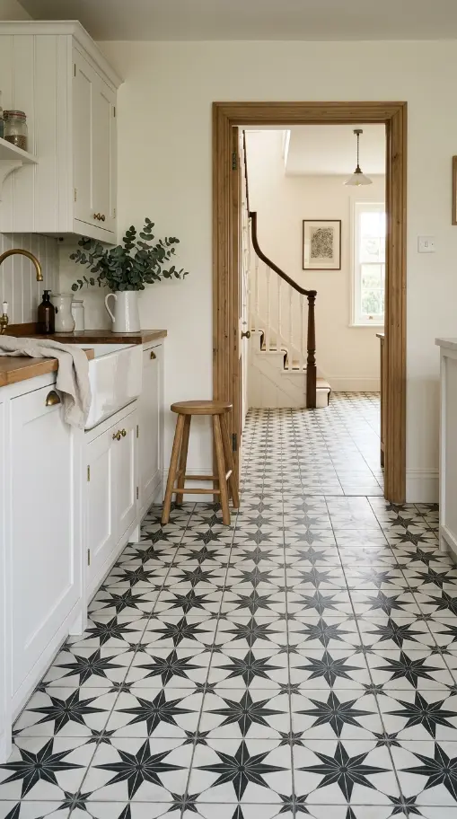 26 Kitchen Flooring Ideas for Farmhouse Black White Encaustic 8 8. Encaustic Floor Transitioning From Kitchen Into Hallway