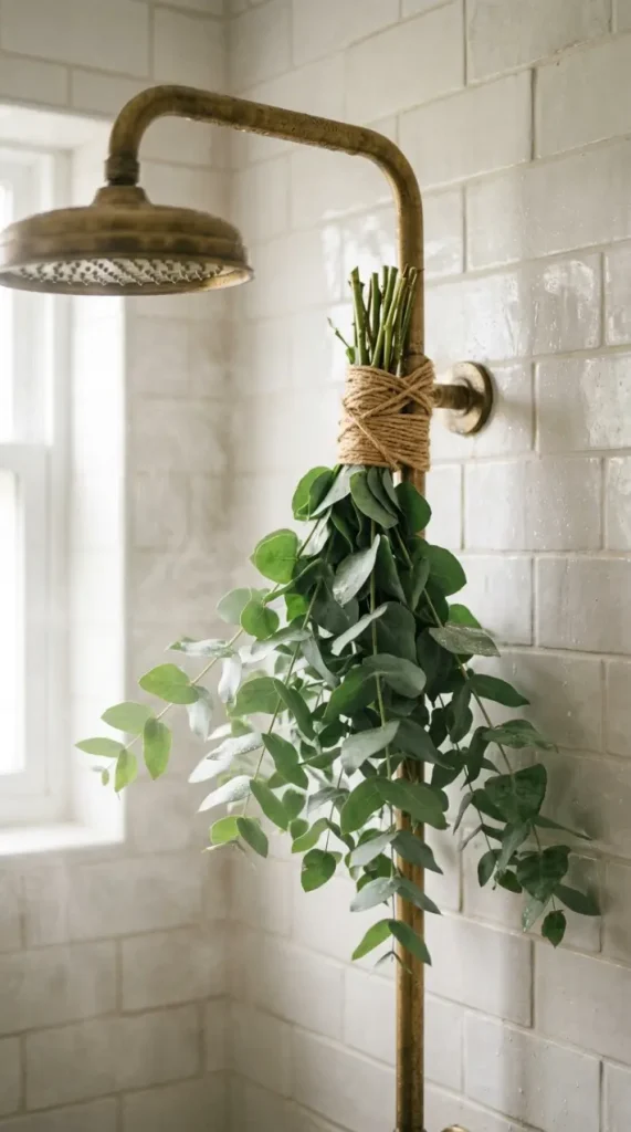14 Minimal Bathroom Plants Decor Inspiration Small Space 8 8. Eucalyptus Bundle on the Shower Head