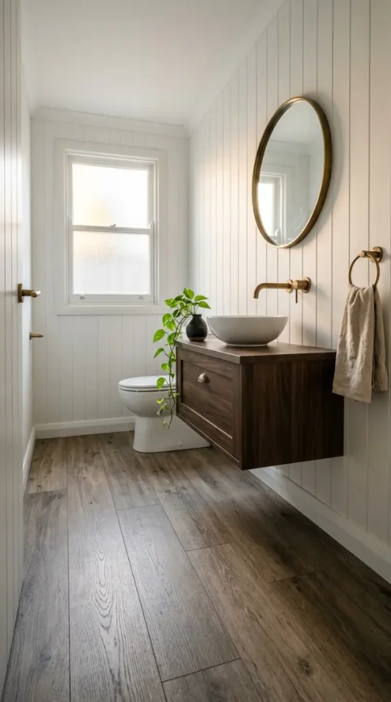 25 Affordable Farmhouse Flooring Ideas Budget Laminate Wood 8 8. Farmhouse Laminate in a Small Bathroom Budget Update