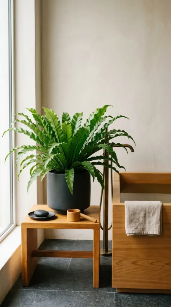 30 Bathroom Plants Decor Japandi Minimal Hinoki Tub Style 8 8. Fern on a Low Hinoki Wood Stool Beside the Tub