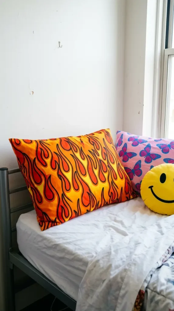 13 Dorm Bed Inspo Y2K Retro Colorful Bold Twin XL Style 8 8. Flame Motif Pillowcase for a Skater-Adjacent Edge