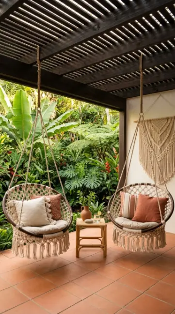 17 Indoor Outdoor Living Boho Macramé Jungle Garden View 8 8. Floor-to-Ceiling Jungle Terrace With Hanging Macramé Chairs
