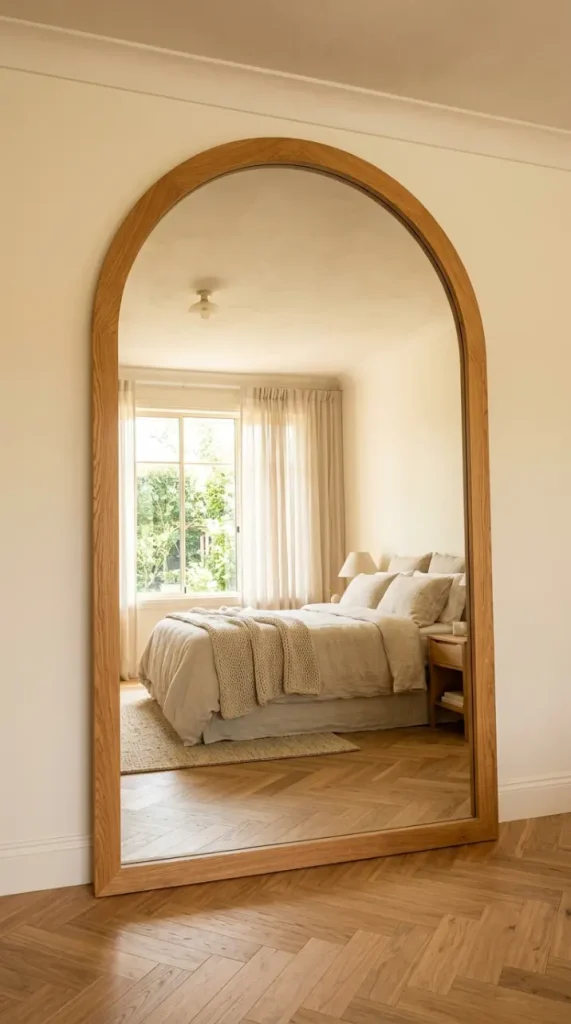 17 Big Mirror in Bedroom Oversized Oak Arch Warm Neutral 8 8. Full Wall Oak Arch Mirror — Floor to Near Ceiling Scale