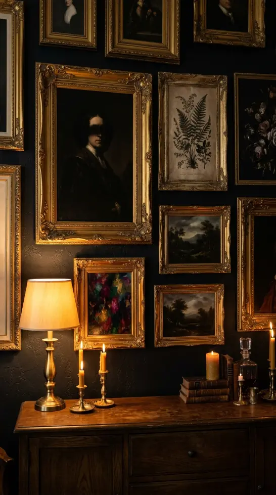 20 Vintage Home Aesthetic Glamouratti Moody Apartment 8 8. Gallery Walls of Dark Gilt Framed Art and Portraiture