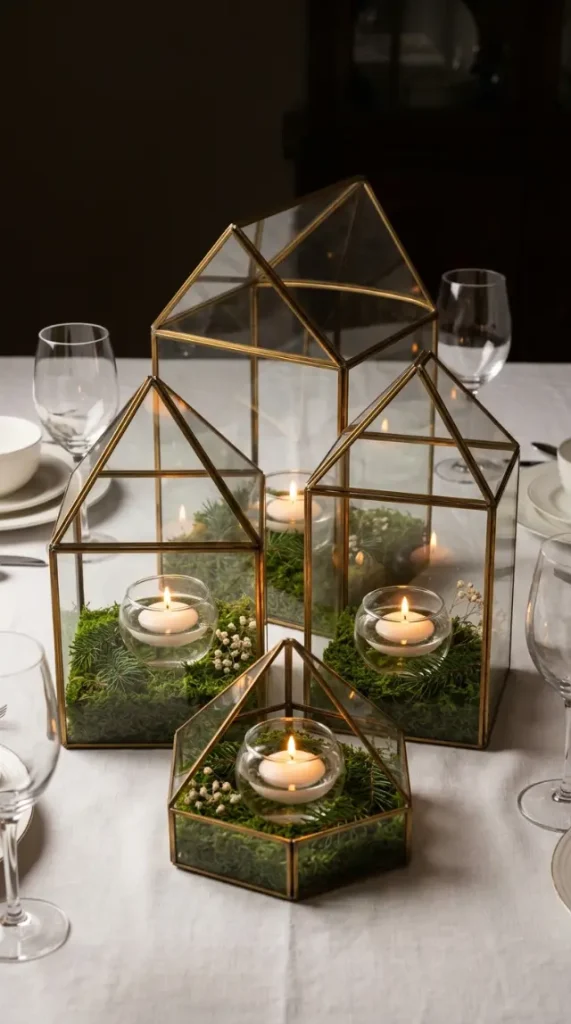 13 Festive Table Decorations Candles Floating Glass Ethereal 8 8. Glass Terrariums With Moss Pine Sprigs and Floating Candles