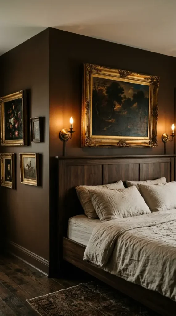 18 Vintage Bedroom Ideas Dark Brown Wood Moody Decor 8 8. Hang Antique Oil Paintings for Dark Moody Wall Character