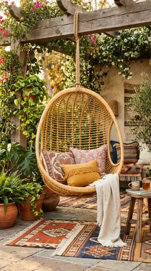 28 Outdoor Patio Ideas for a Boho Layered Living Room 8 8. Hanging Rattan Chair as the Boho Patio Signature Piece