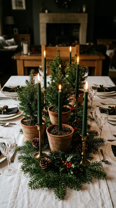 13 Festive Table Decorations Candles Classic Christmas Green 8 8. Miniature Christmas Trees as Candle Companions Along the Table Runner