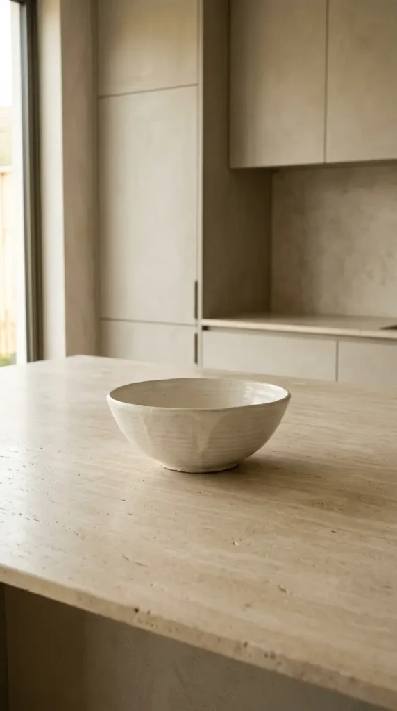 11 Minimalist Luxury Kitchen Quiet Luxury Greige Travertine Warm 8 8. Minimalist Kitchen With a Single Ceramic Bowl as the Only Counter Object