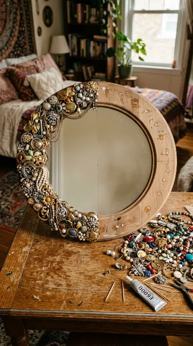 13 Bedazzled Mirror Vintage Jewelry DIY Eclectic Bedroom 8 8. Mirror Bedazzled With Vintage Jewelry Mid Assembly on a Craft Table