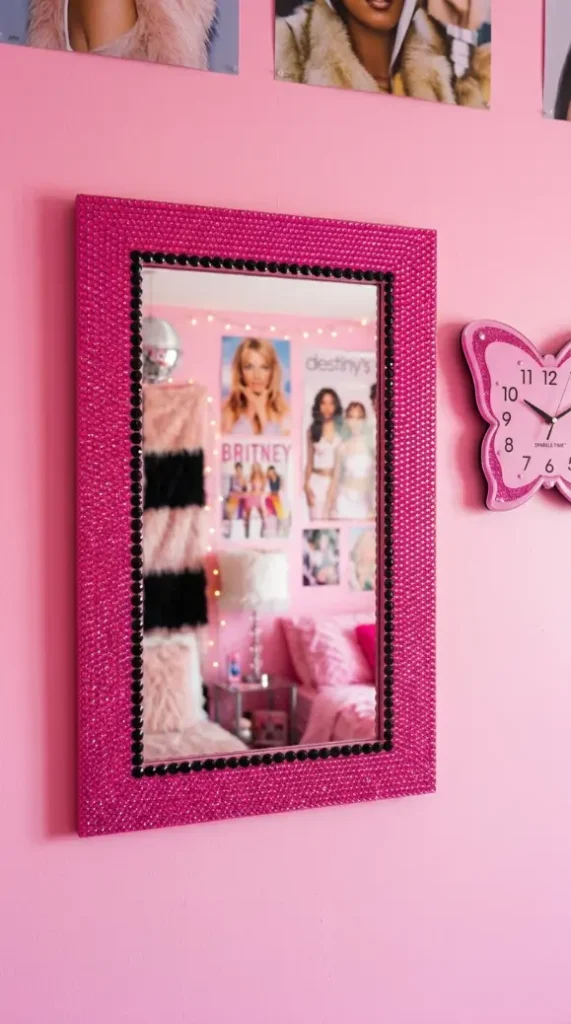 12 Bedazzled Mirror Y2K Rhinestone DIY Pink Glam Bedroom 8 8. Mirror Bedazzled in Hot Pink Rhinestones With Black Accent Outline