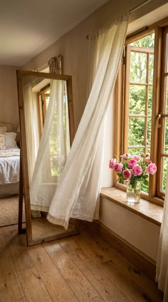 12 Floor Mirror Bedroom Cottagecore Wooden Morning Light 8 8. Mirror Beside an Open Window With Curtains Blowing and Roses on the Sill