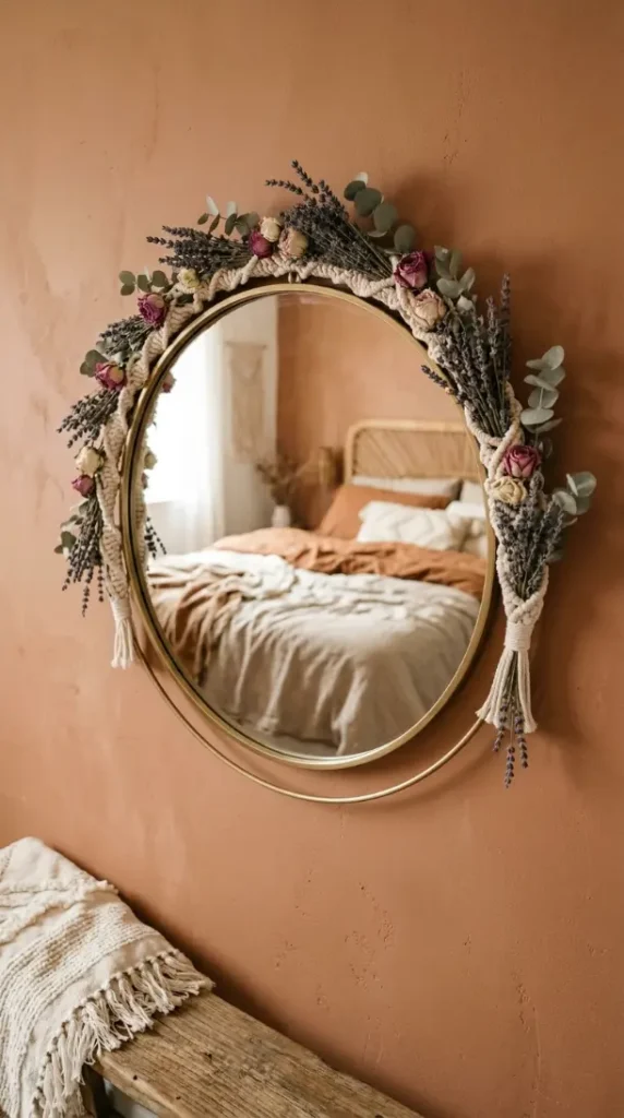 13 Decorated Mirror Boho Macrame DIY Bedroom Earthy Wall 8 8. Mirror With Macrame and Dried Floral Garland Intertwined