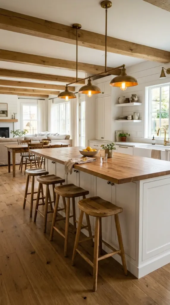 30 Modern Farmhouse Interior Design Seamless Floor Open Plan 8 8. Modern Farmhouse Kitchen Island — Seating and Pendants