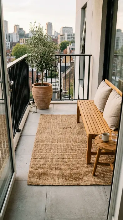 16 Minimal Outdoor Living Space Design for a Small Balcony 8 8. Outdoor Rug to Define the Living Zone