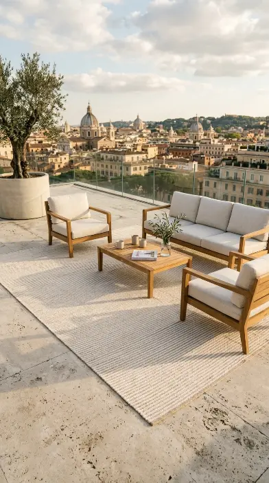 26 Minimal Outdoor Living Space Design for a Rooftop Terrace 8 8. Outdoor Rug to Define the Living Zone