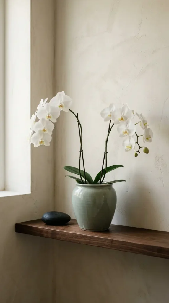 26 Bathroom Shelf Plants Decor Japandi Orchid Minimal 8 8. Pale Celadon Ceramic and White Orchid — Glaze Harmony