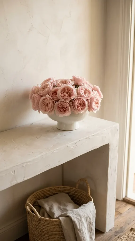 17 Flower Aesthetic Home Decor Entryway Console Quiet Luxury 8 8. Plaster Console With a Low Compote of Garden Roses in Blush