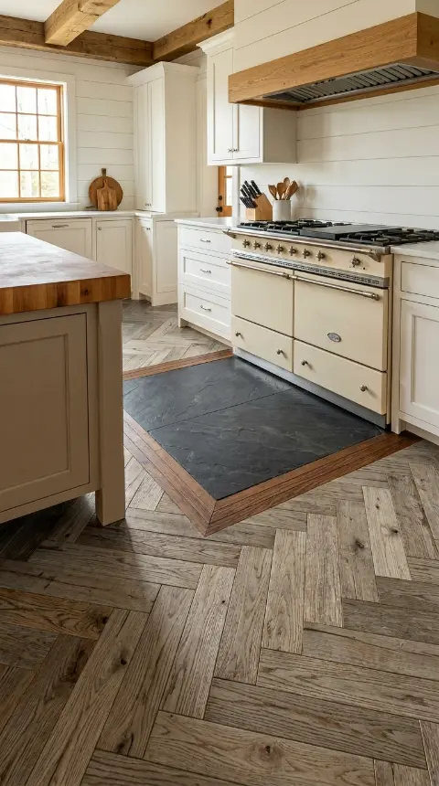 25 Kitchen Flooring Ideas for Farmhouse Herringbone Reclaimed 8 8. Reclaimed Herringbone with Natural Stone Inset