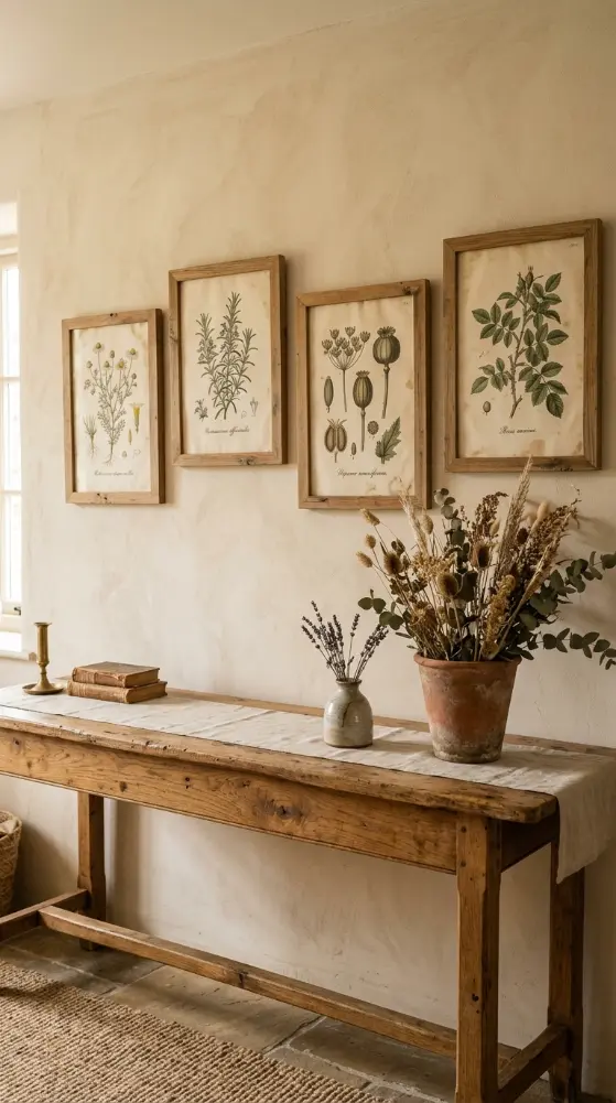 26 Console Table Styling Reclaimed Wood Rustic Farmhouse 8 8. Reclaimed Wood Console With Vintage Botanical Prints Above