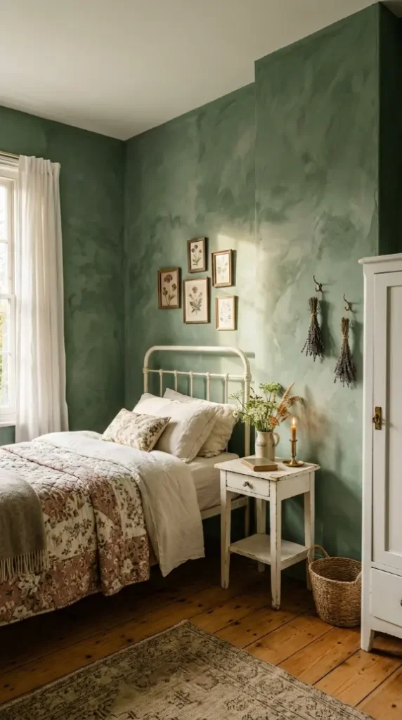 32 Cute Room Ideas for a Dreamy Cottagecore Bedroom 8 8. Sage Green Limewash Bedroom Walls