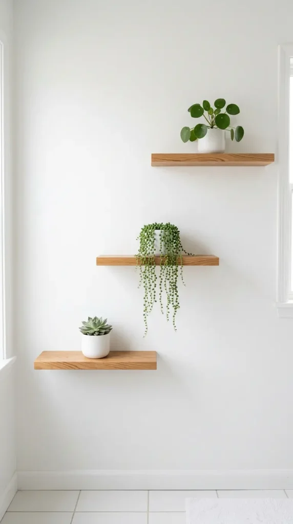 28 Minimal Bathroom Plants Decor Inspiration Oak White Style 8 8. Small Oak Bathroom Shelf Trio — Staggered Heights
