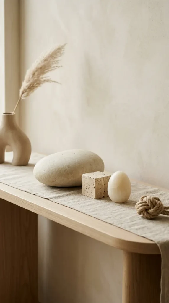 16 Console Table Styling Curved Soft Beige Rope Knot 8 8. Smooth Stone and Mineral Objects as Console Anchors