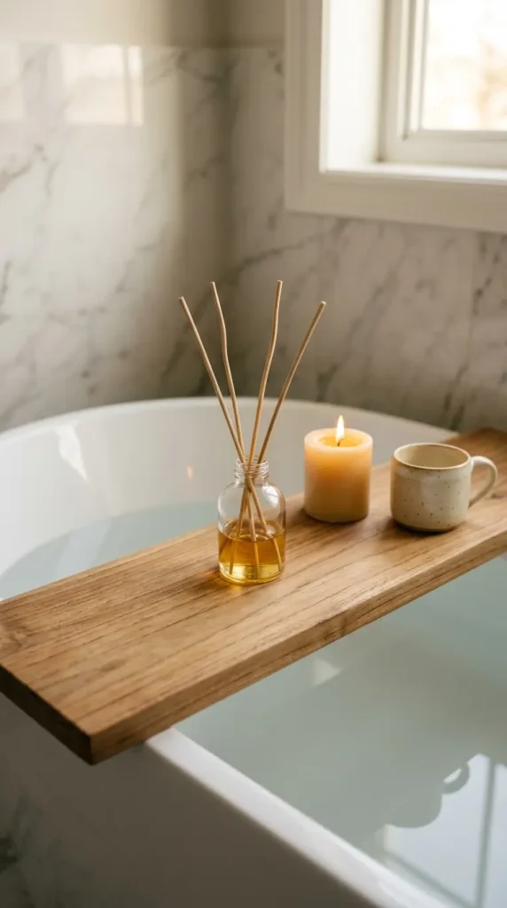 18 Bath Tub Decor Ideas Freestanding Tray Quiet Luxury 8 8. Style the Quiet Luxury Tray With a Diffuser Reed and a Single Oil Bottle