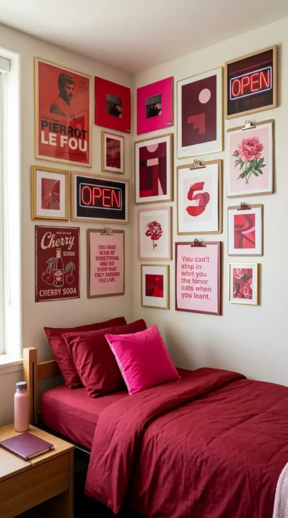26 Dorm Bed Inspo Maximalist Gallery Wall Twin XL Style 8 8. The Color-Themed Maximalist Wall — Monochromatic Abundance Strategy