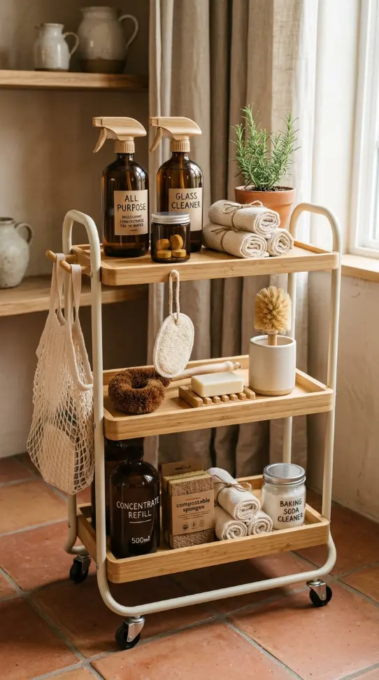 27 Cleaning Closet Organization Tiered Rolling Cart Ideas 8 8. The Eco-Friendly Green Cleaning Cart — Natural and Refillable
