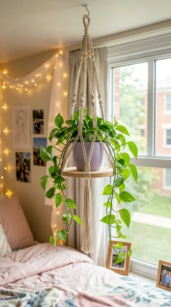 24 College Bedroom Ideas Pastel Girly Aesthetic Dreamy Style 8 8. The Hanging Macrame Plant Shelf — Boho-Pastel Botanical Corner