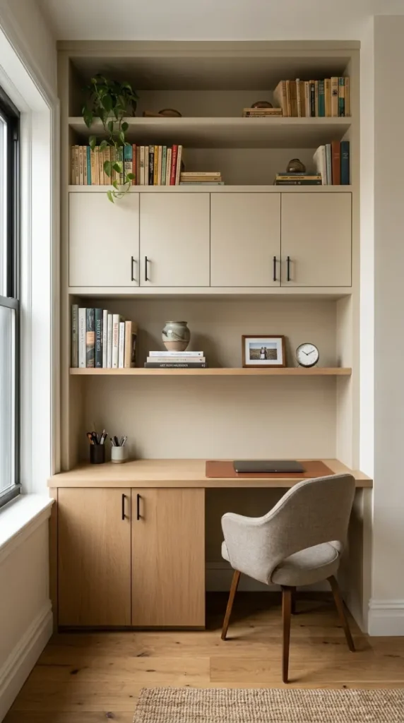 22 Home Office Inspiration Built-In Alcove Maximized 8 8. The Mixed Open and Closed Storage Composition — Visual Rhythm Through Variety