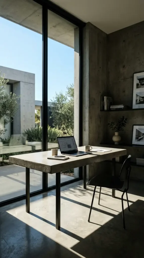 24 Home Office Inspiration Modern Minimal Concrete Steel 8 8. Unfiltered Direct Daylight With No Curtain or Shade