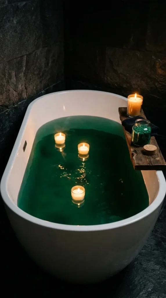 15 Bath Tub Decor Ideas Dark Moody Candlelit Night Soak 8 8. Use Deep Colored Bath Salts for a Moody Tinted Water Effect