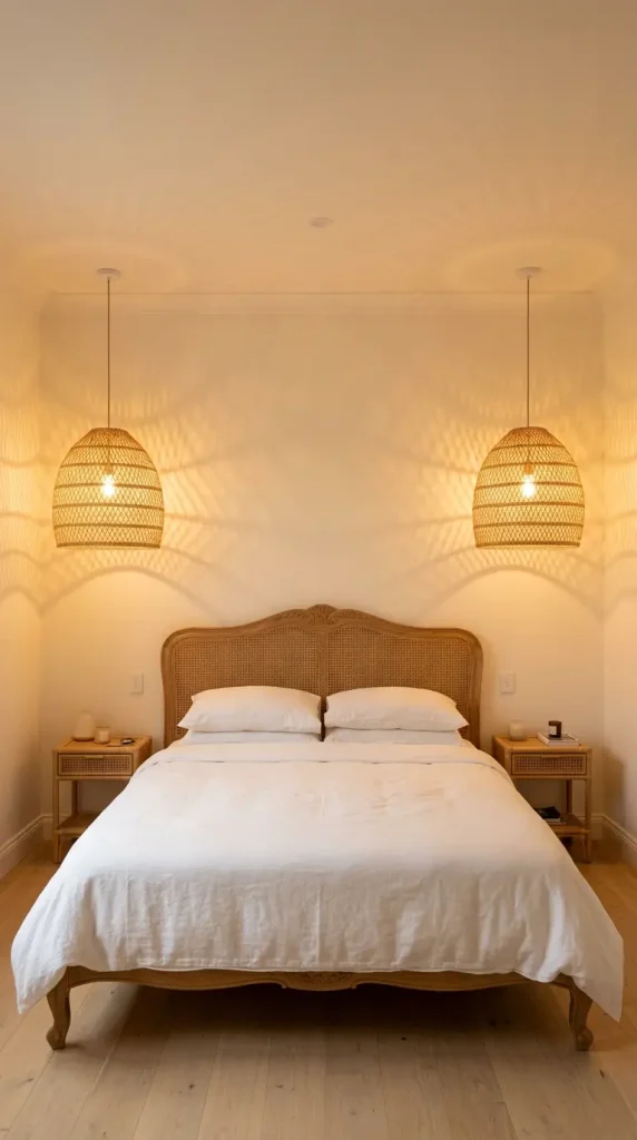 14 Vintage Bedroom Ideas Cane Rattan European Elegant 8 8. Use Rattan Pendant Lights Above the Bed for a Warm Natural Ceiling Moment