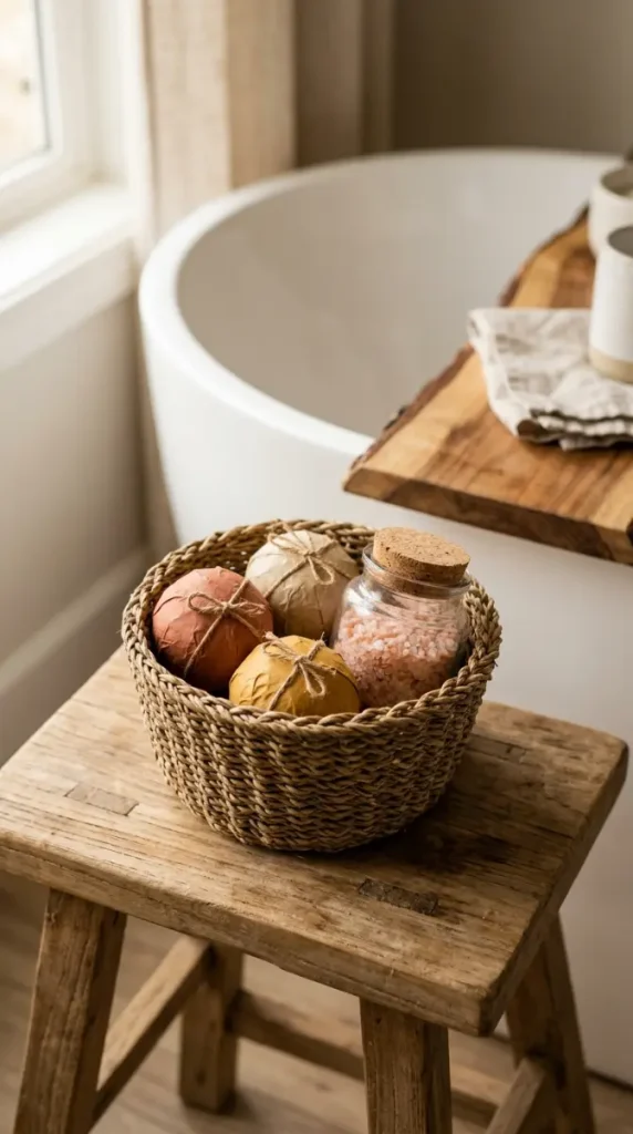 10 Bathtub Tray Ideas Boho Rattan Warm Earthy Style 8 8. Use a Small Woven Basket Beside the Tub for Bath Salt and Bomb Storage