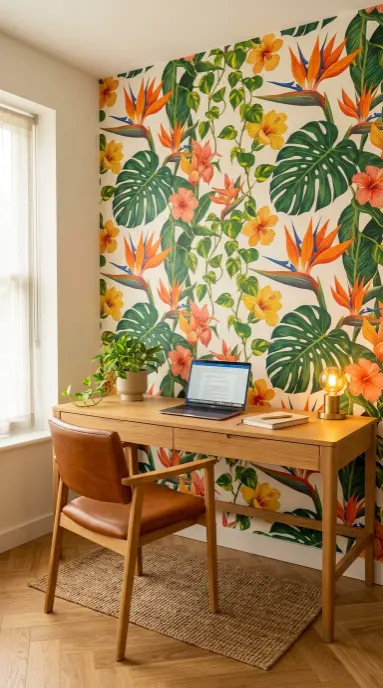 15 Vibrant Floral Wallpaper Accent Wall Room Decor 8 8. Vibrant Tropical Floral Accent Wall in the Home Office