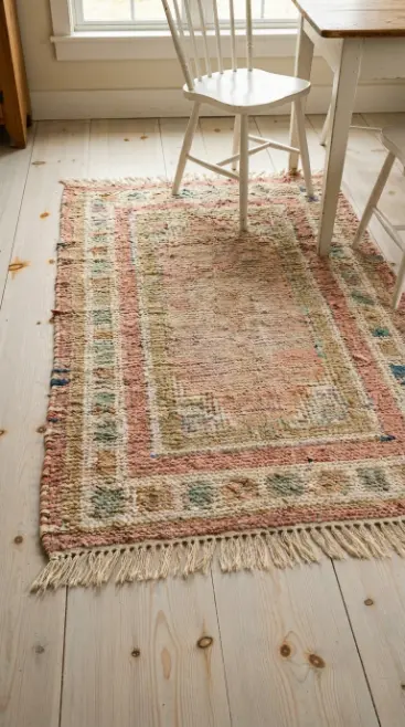 27 Light Wood Flooring for Farmhouse Whitewashed Pine Style 8 8. Vintage Rag Rug on Whitewashed Pine — Layered Floor Composition