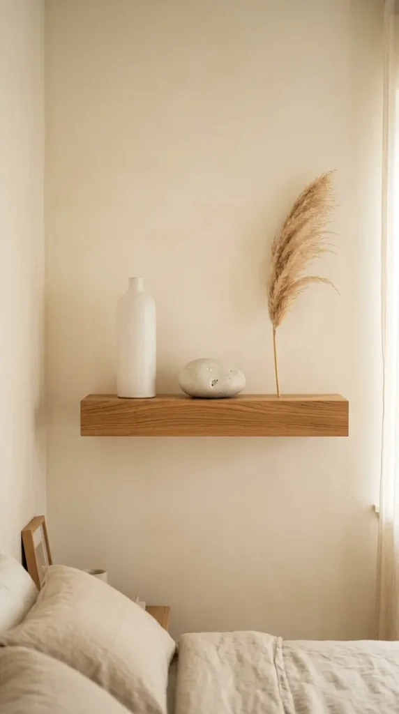 16 Minimalist Luxury Bedroom Quiet Luxury Linen Neutral Warm 8 8. Warm Wood Floating Shelf With Three Objects Maximum