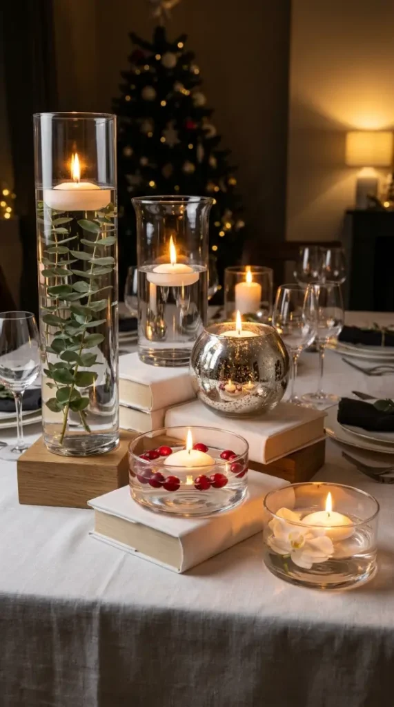 13 Festive Table Decorations Candles Floating Glass Ethereal 9 9. A Cascading Series of Glass Vessels at Varying Heights Using Books or Risers