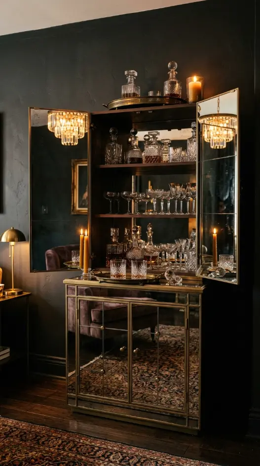 20 Vintage Home Aesthetic Glamouratti Moody Apartment 9 9. A Mirrored Drinks Cabinet or Bar Trolley as the Entertaining Center