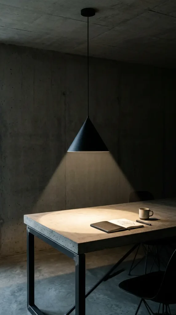 24 Home Office Inspiration Modern Minimal Concrete Steel 9 9. A Single Black Steel Pendant Light With a Precise Conical Shade