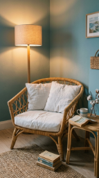 17 Bedroom Aesthetic Coastal Grandmother Sea Glass Blue 9 9. A Wicker Armchair in the Corner as a Reading Nook
