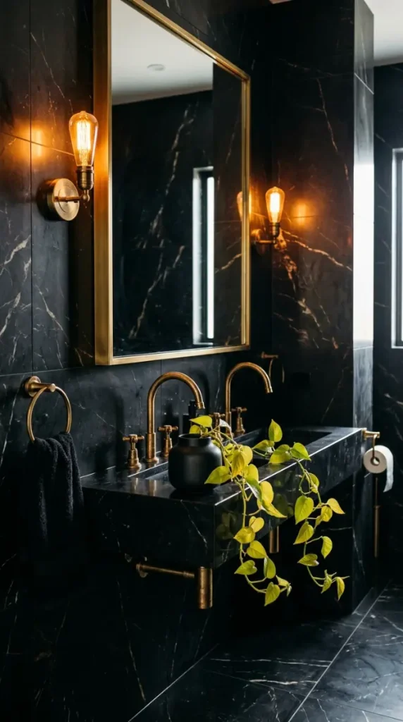 23 Bathroom Plants Decor Luxury Spa Black Marble Style 9 9. Aged Brass Tapware and Fixtures as the Warm Metallic Accent