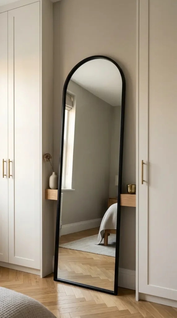 14 Big Mirror in Bedroom Leaning Arch Black Frame Greige 9 9. Arch Mirror Leaned Against the Wardrobe Wall Between Built In Panels