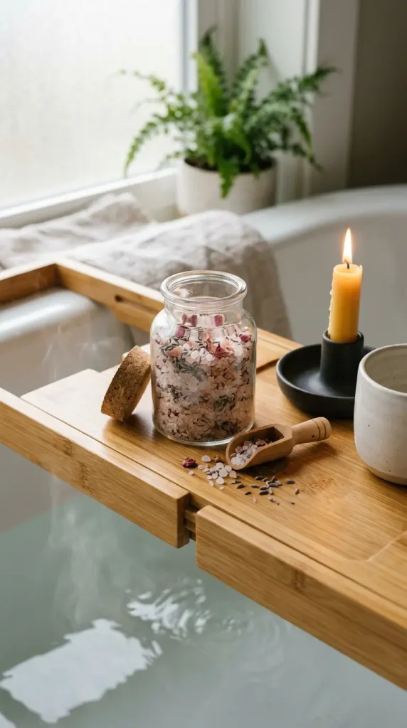 16 Rustic Bathtub Tray Ideas for a Spa Style Bamboo Tub 9 9. Bath Salts and Dried Botanicals in a Small Glass Jar