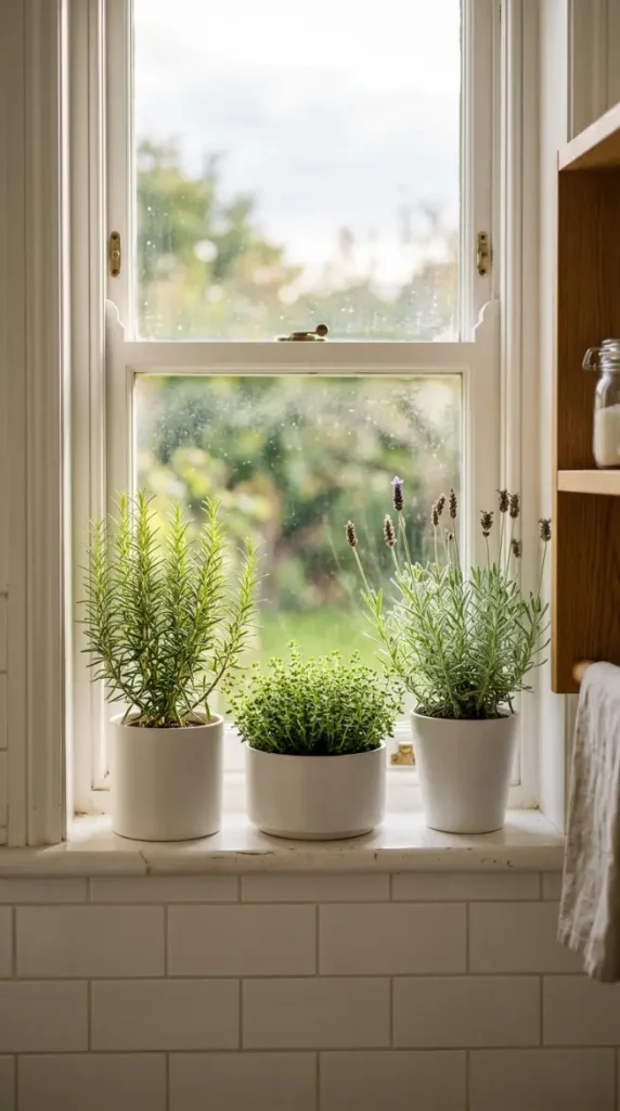 28 Minimal Bathroom Plants Decor Inspiration Oak White Style 9 9. Bathroom Windowsill in Oak White Style — Herbs in White Pots