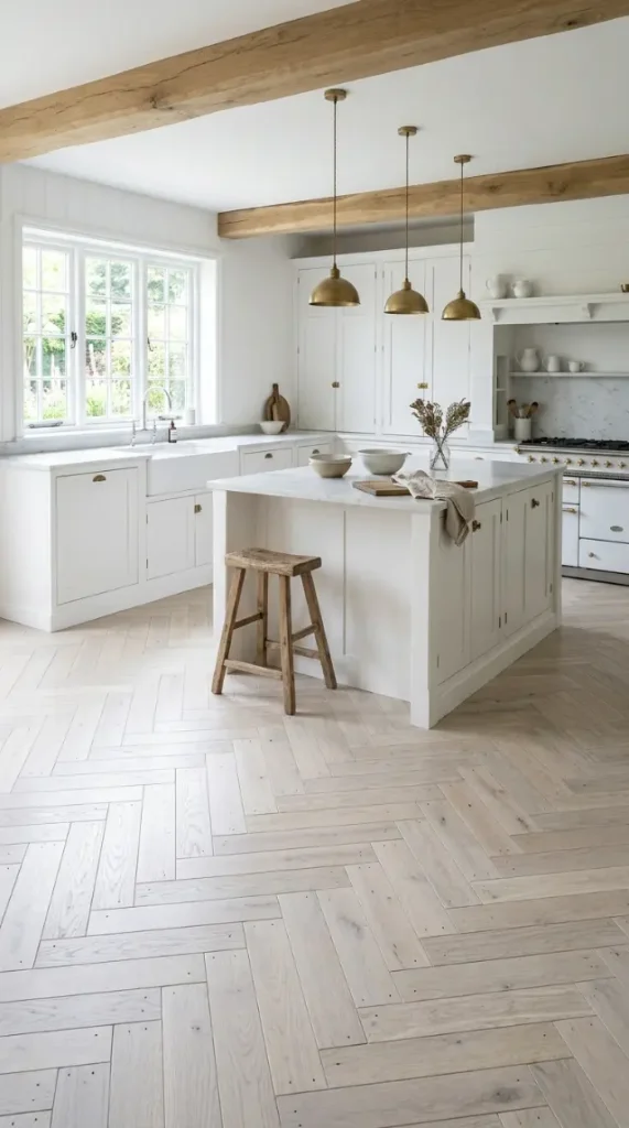 25 Kitchen Flooring Ideas for Farmhouse Herringbone Reclaimed 9 9. Bleached Reclaimed Herringbone — Pale Farmhouse Character