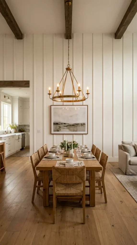 30 Modern Farmhouse Interior Design Seamless Floor Open Plan 9 9. Board and Batten Accent Wall in Open Plan Dining Zone